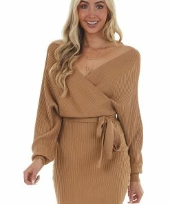 Style Melody Brown Sugar Surplice Ribbed Knit Sweater Dress Dresses