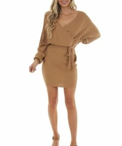 Style Melody Brown Sugar Surplice Ribbed Knit Sweater Dress Dresses