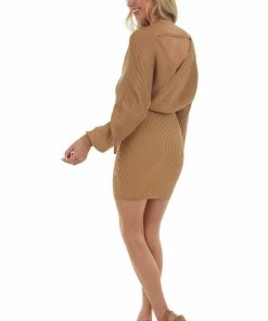 Style Melody Brown Sugar Surplice Ribbed Knit Sweater Dress Dresses