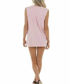 Trend Notes Bubblegum Mineral Wash Raw Muscle Knit Tee With Ribbed Neck Tops