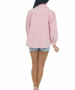 Entro Bubblegum Acid Wash Button Down Denim Shirt