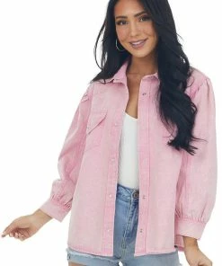 Entro Bubblegum Acid Wash Button Down Denim Shirt