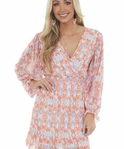 Peach Love Dresses Bubblegum Aztec Surplice Ruffle Short Dress