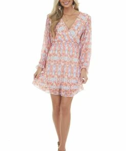 Peach Love Dresses Bubblegum Aztec Surplice Ruffle Short Dress 18 Peach Love Dresses Bubblegum Aztec Surplice Ruffle Short Dress