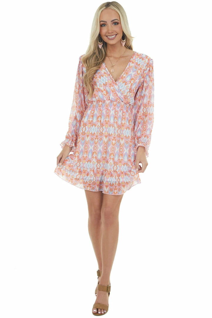 Peach Love Dresses Bubblegum Aztec Surplice Ruffle Short Dress 6 Peach Love Dresses Bubblegum Aztec Surplice Ruffle Short Dress