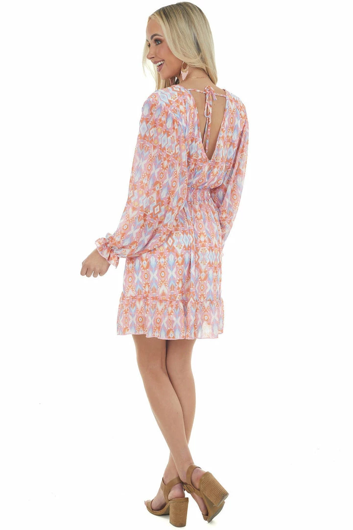 Peach Love Dresses Bubblegum Aztec Surplice Ruffle Short Dress 8 Peach Love Dresses Bubblegum Aztec Surplice Ruffle Short Dress