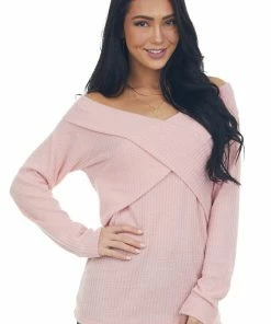 BiBi Bubblegum Criss Cross Brushed Waffle Knit Top