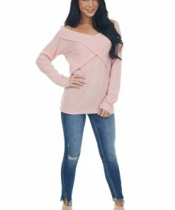 BiBi Bubblegum Criss Cross Brushed Waffle Knit Top