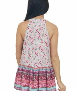 Staccato Bubblegum Floral Print Notch Neck Halter Tank Tops