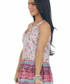 Staccato Bubblegum Floral Print Notch Neck Halter Tank Tops