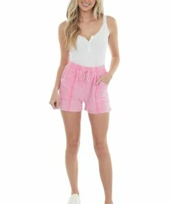 Umgee Bubblegum Mineral Wash Frayed Elastic Shorts Bottoms
