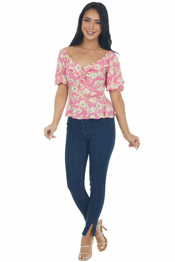 Lush Clothing Bubblegum Pink Floral Print Peplum Top Tops 4 Lush Clothing Bubblegum Pink Floral Print Peplum Top Tops
