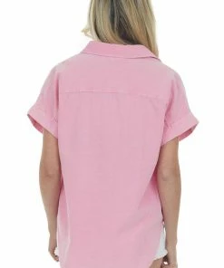 143 Story Bubblegum Short Sleeve Collared Chambray Top Tops