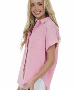 143 Story Bubblegum Short Sleeve Collared Chambray Top Tops