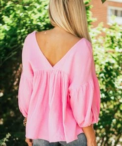 Ces Femme Bubblegum Textured V Neck Babydoll Top Tops