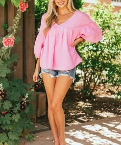 Ces Femme Bubblegum Textured V Neck Babydoll Top Tops