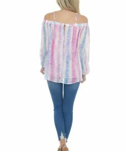 Davi & Dani Bubblegum Tie Dye Print Cold Shoulder Blouse