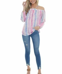 Davi & Dani Bubblegum Tie Dye Print Cold Shoulder Blouse