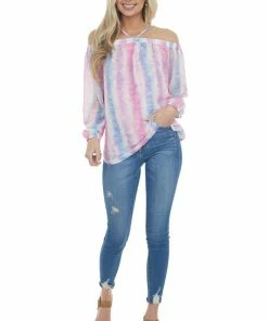 Davi & Dani Bubblegum Tie Dye Print Cold Shoulder Blouse