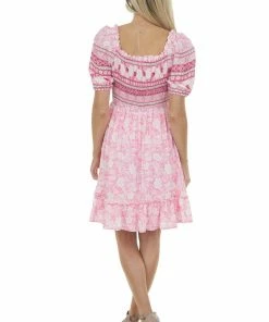 Jodifl Bubblegum Tropical Print Smocked Short Dress Dresses