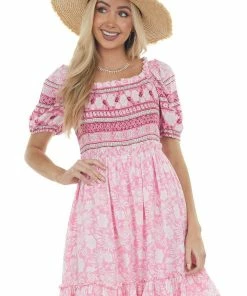 Jodifl Bubblegum Tropical Print Smocked Short Dress Dresses