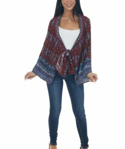 Umgee Burgundy Abstract Print Open Front Kimono Tops