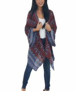 Umgee Burgundy Abstract Print Open Front Kimono Tops