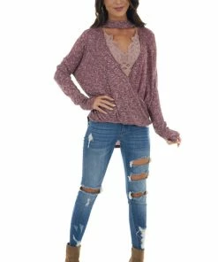 CY Fashion Burgundy And White Surplice Knit Top With Choker Neckline