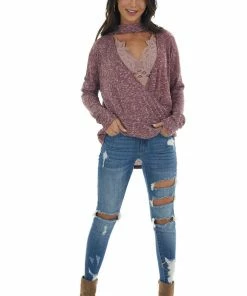 CY Fashion Burgundy And White Surplice Knit Top With Choker Neckline