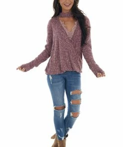 CY Fashion Burgundy And White Surplice Knit Top With Choker Neckline