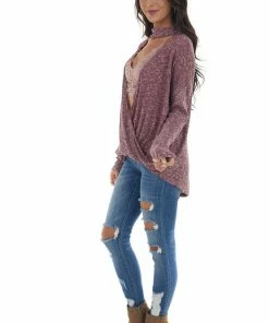 CY Fashion Burgundy And White Surplice Knit Top With Choker Neckline