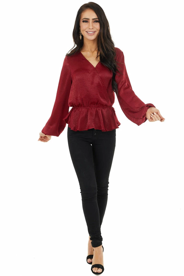 Caramela Burgundy Satin Surplice Blouse With Elastic Ruffle Hemline 6 Caramela Burgundy Satin Surplice Blouse With Elastic Ruffle Hemline