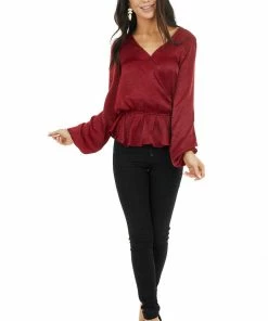 Caramela Burgundy Satin Surplice Blouse With Elastic Ruffle Hemline 18 Caramela Burgundy Satin Surplice Blouse With Elastic Ruffle Hemline