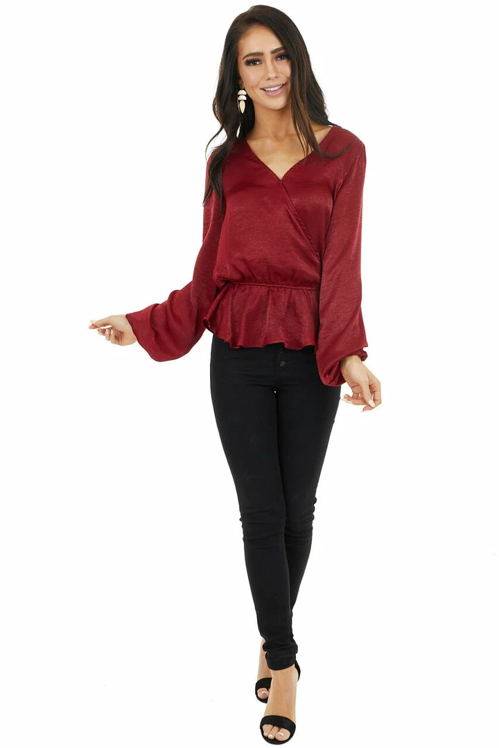 Caramela Burgundy Satin Surplice Blouse With Elastic Ruffle Hemline 5 Caramela Burgundy Satin Surplice Blouse With Elastic Ruffle Hemline
