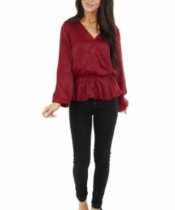 Caramela Burgundy Satin Surplice Blouse With Elastic Ruffle Hemline 17 Caramela Burgundy Satin Surplice Blouse With Elastic Ruffle Hemline