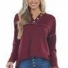 Now N Forever Tops Burgundy Soft Knit V Neck Exposed Seam Top