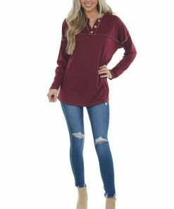Now N Forever Tops Burgundy Soft Knit V Neck Exposed Seam Top