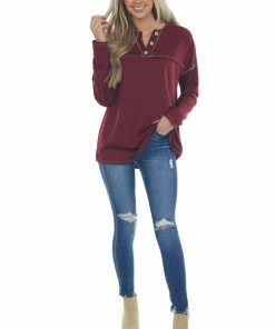 Now N Forever Tops Burgundy Soft Knit V Neck Exposed Seam Top