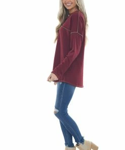 Now N Forever Tops Burgundy Soft Knit V Neck Exposed Seam Top