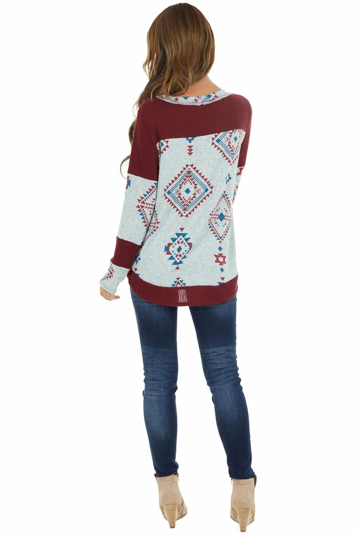 RAE MODE Burgundy Two Tone Aztec Print Knit Top With Raw Edge Details 9 RAE MODE Burgundy Two Tone Aztec Print Knit Top With Raw Edge Details
