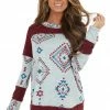 RAE MODE Burgundy Two Tone Aztec Print Knit Top With Raw Edge Details