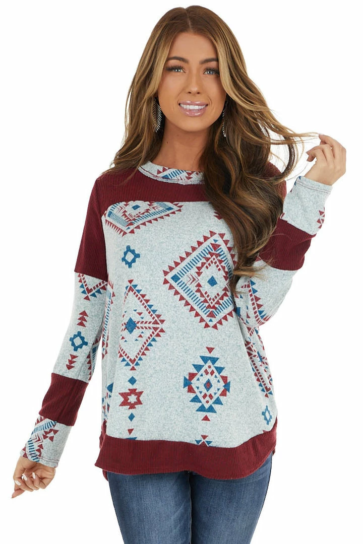 RAE MODE Burgundy Two Tone Aztec Print Knit Top With Raw Edge Details 3 RAE MODE Burgundy Two Tone Aztec Print Knit Top With Raw Edge Details