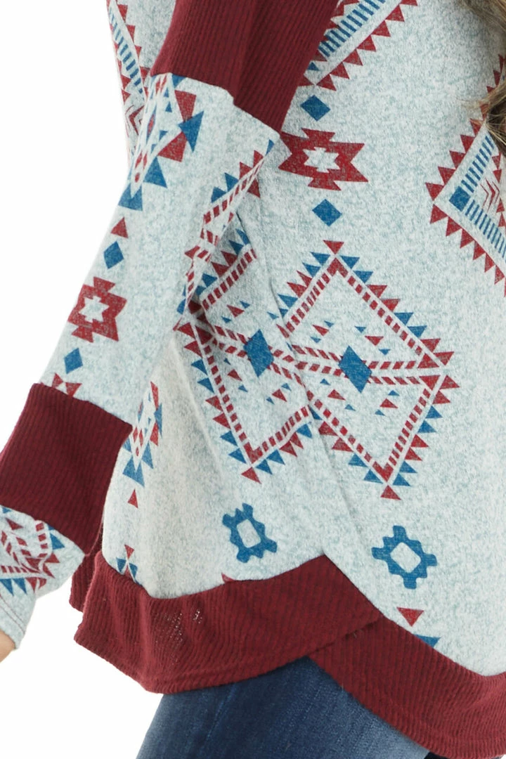 RAE MODE Burgundy Two Tone Aztec Print Knit Top With Raw Edge Details 10 RAE MODE Burgundy Two Tone Aztec Print Knit Top With Raw Edge Details