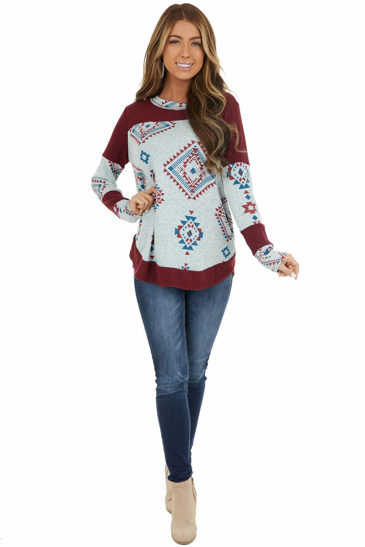 RAE MODE Burgundy Two Tone Aztec Print Knit Top With Raw Edge Details 5 RAE MODE Burgundy Two Tone Aztec Print Knit Top With Raw Edge Details