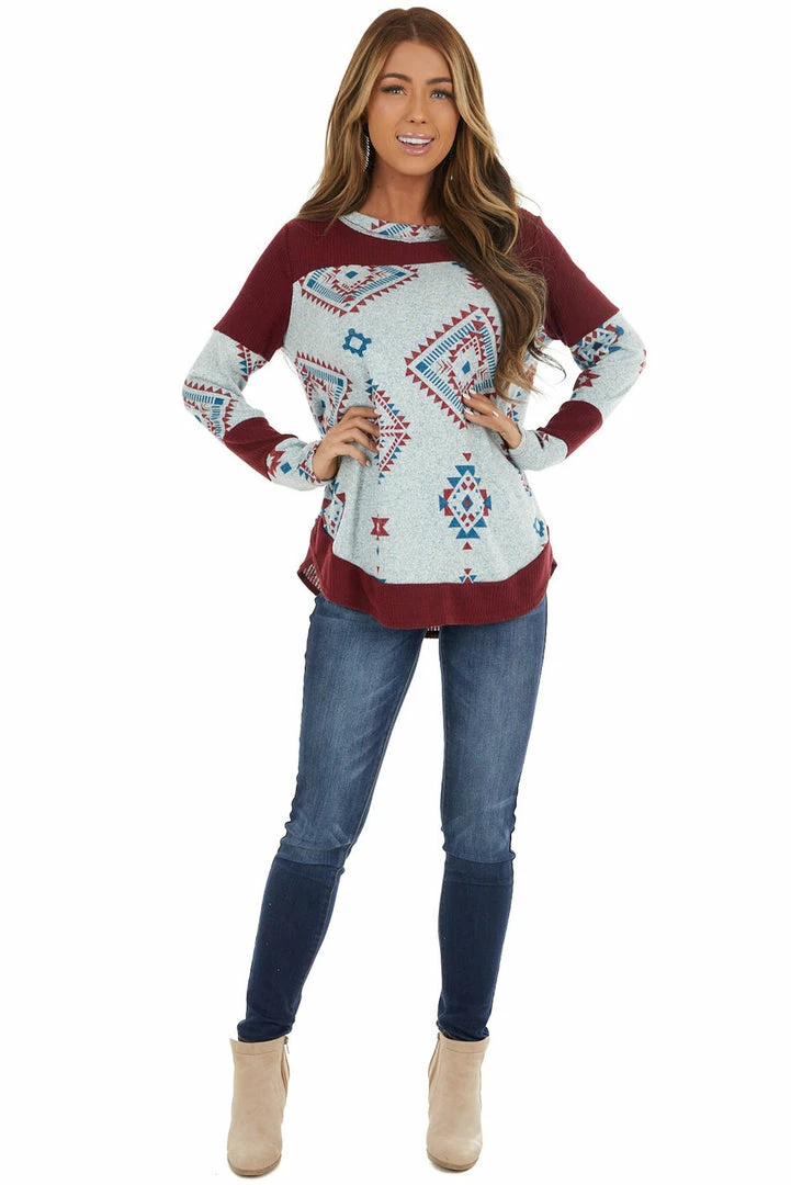 RAE MODE Burgundy Two Tone Aztec Print Knit Top With Raw Edge Details 7 RAE MODE Burgundy Two Tone Aztec Print Knit Top With Raw Edge Details