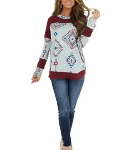 RAE MODE Burgundy Two Tone Aztec Print Knit Top With Raw Edge Details 19 RAE MODE Burgundy Two Tone Aztec Print Knit Top With Raw Edge Details