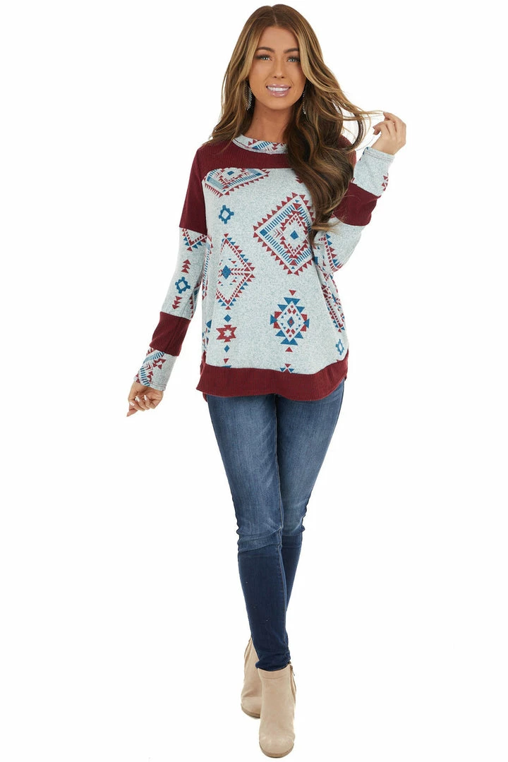 RAE MODE Burgundy Two Tone Aztec Print Knit Top With Raw Edge Details 4 RAE MODE Burgundy Two Tone Aztec Print Knit Top With Raw Edge Details