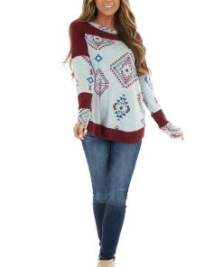 RAE MODE Burgundy Two Tone Aztec Print Knit Top With Raw Edge Details 21 RAE MODE Burgundy Two Tone Aztec Print Knit Top With Raw Edge Details