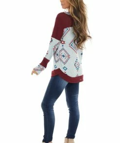 RAE MODE Burgundy Two Tone Aztec Print Knit Top With Raw Edge Details 23 RAE MODE Burgundy Two Tone Aztec Print Knit Top With Raw Edge Details