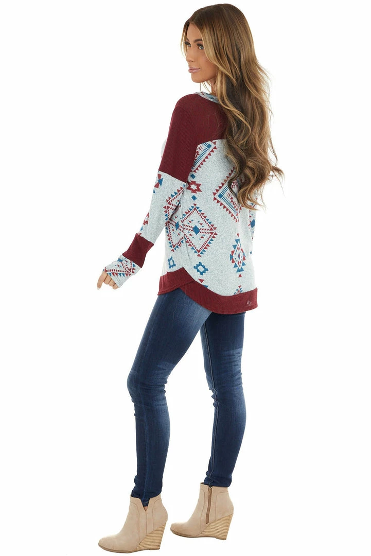 RAE MODE Burgundy Two Tone Aztec Print Knit Top With Raw Edge Details 8 RAE MODE Burgundy Two Tone Aztec Print Knit Top With Raw Edge Details